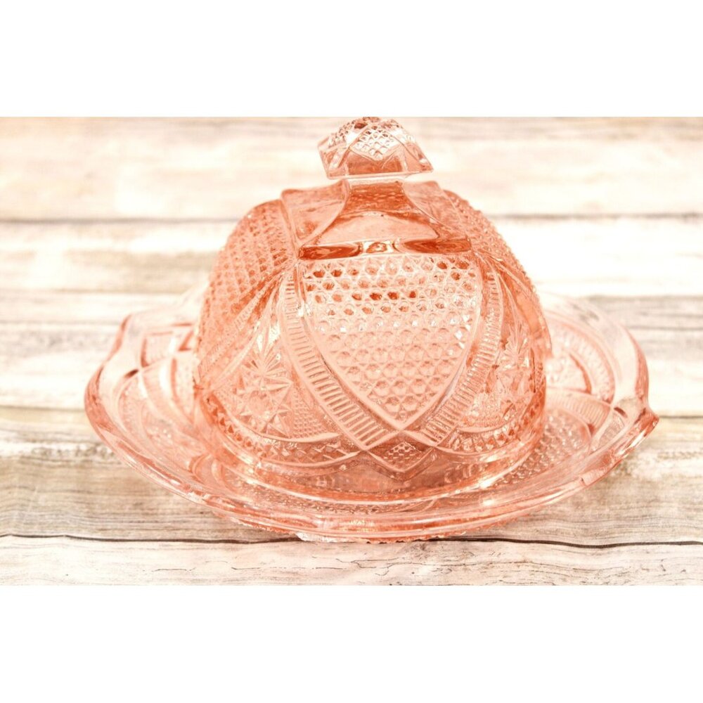 Vintage EAPG Massachusetts Pattern, Pink Depression Glass, Butter‎ Dish